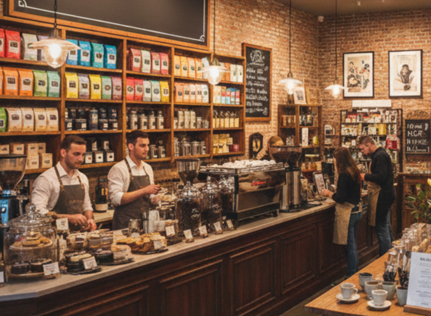 Interior of a coffee shop with staff behind the counter and shelves stocked with coffee beans and equipment.