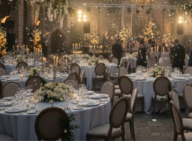 


Decorated banquet hall with tables set for a formal event