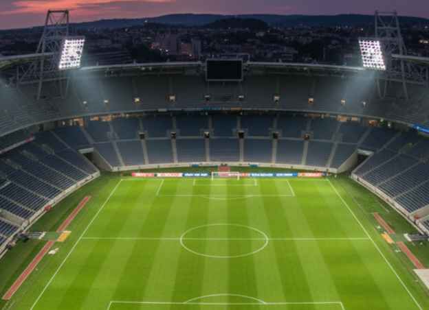 Empty soccer stadium with green field and illuminated seats at dusk.