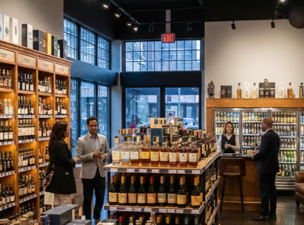 People shopping in a liquor store with shelves stocked with bottles.

