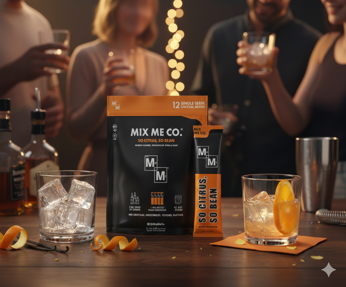 Mix Me Co. drink mix packages on a bar with cocktails and bottles in the background