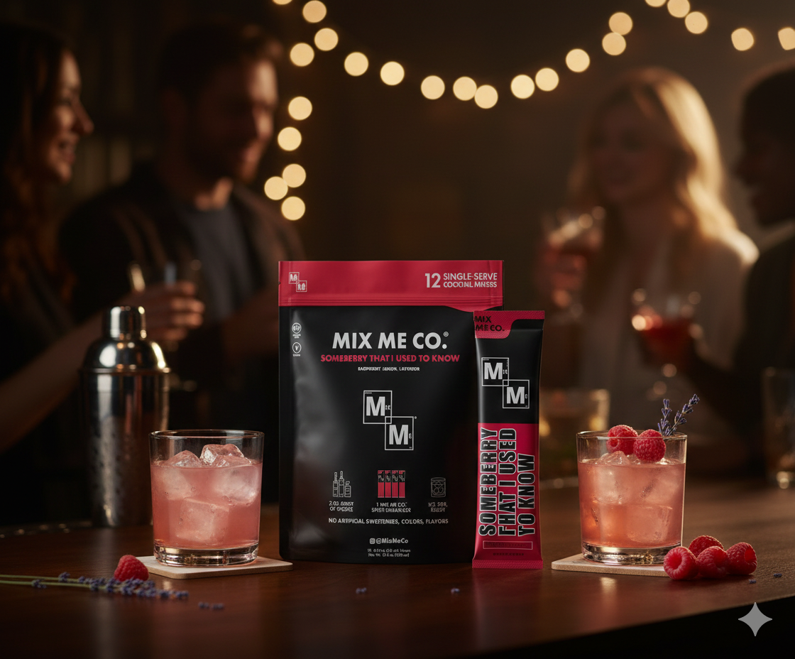 MIX ME CO. drink mix packages on a bar with cocktails and people in the background