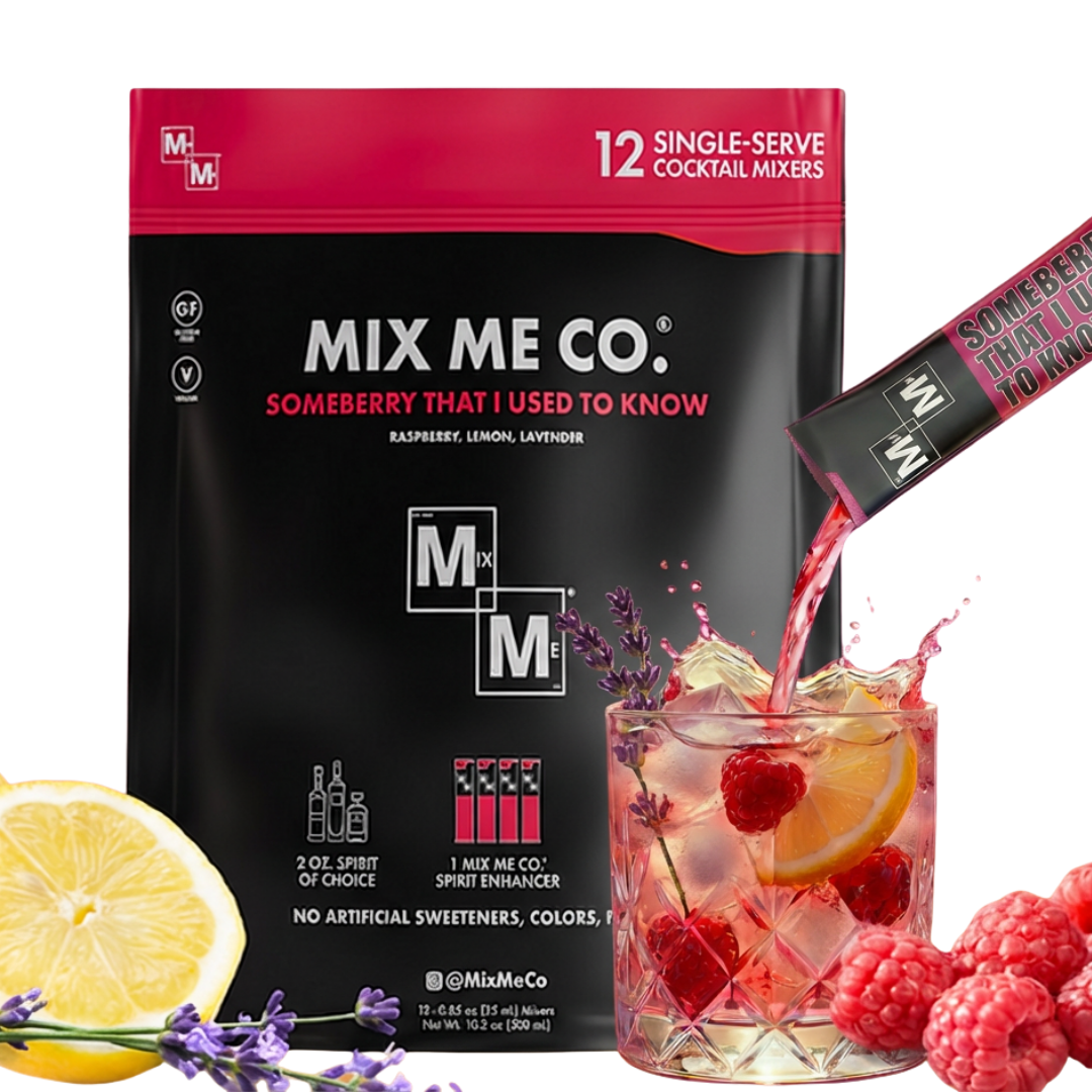 Mix Me Co. cocktail mixer package with a cocktail being poured and garnished with berries and lemon.