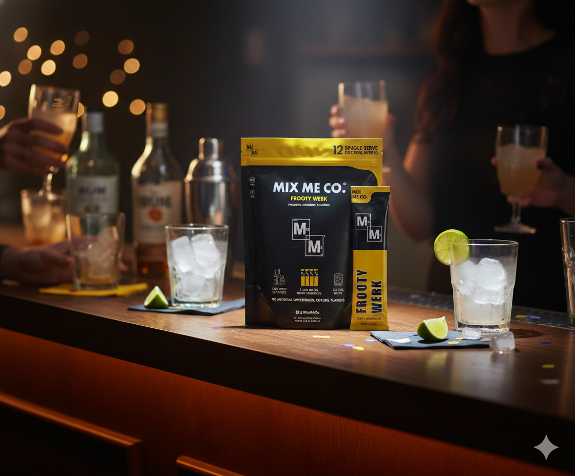 Bar setting with 'Mix Me Co.' cocktail mix packages and drinks.