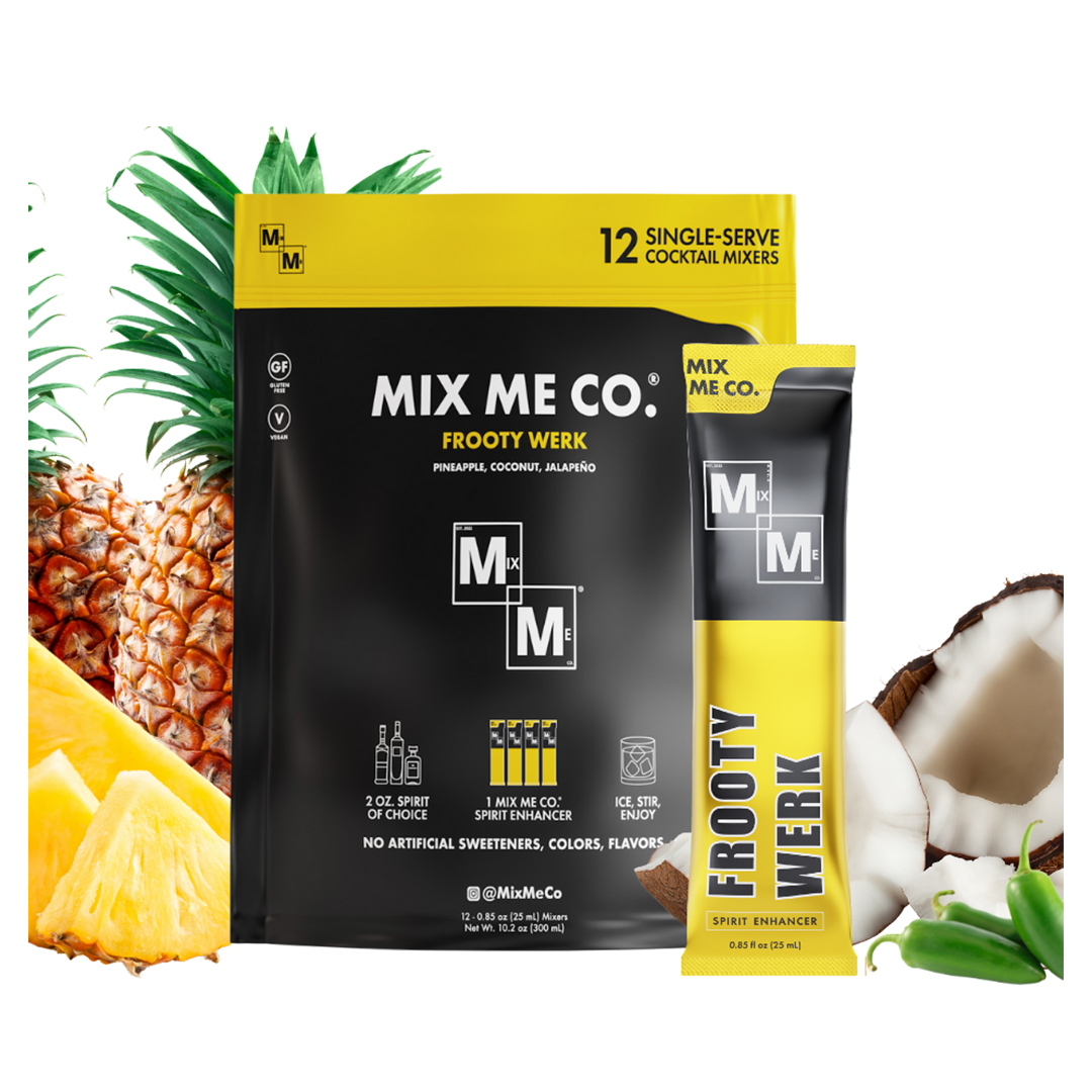 Mix Me Co. Frooty Werk cocktail mixer packaging with pineapple and coconut elements on a white background