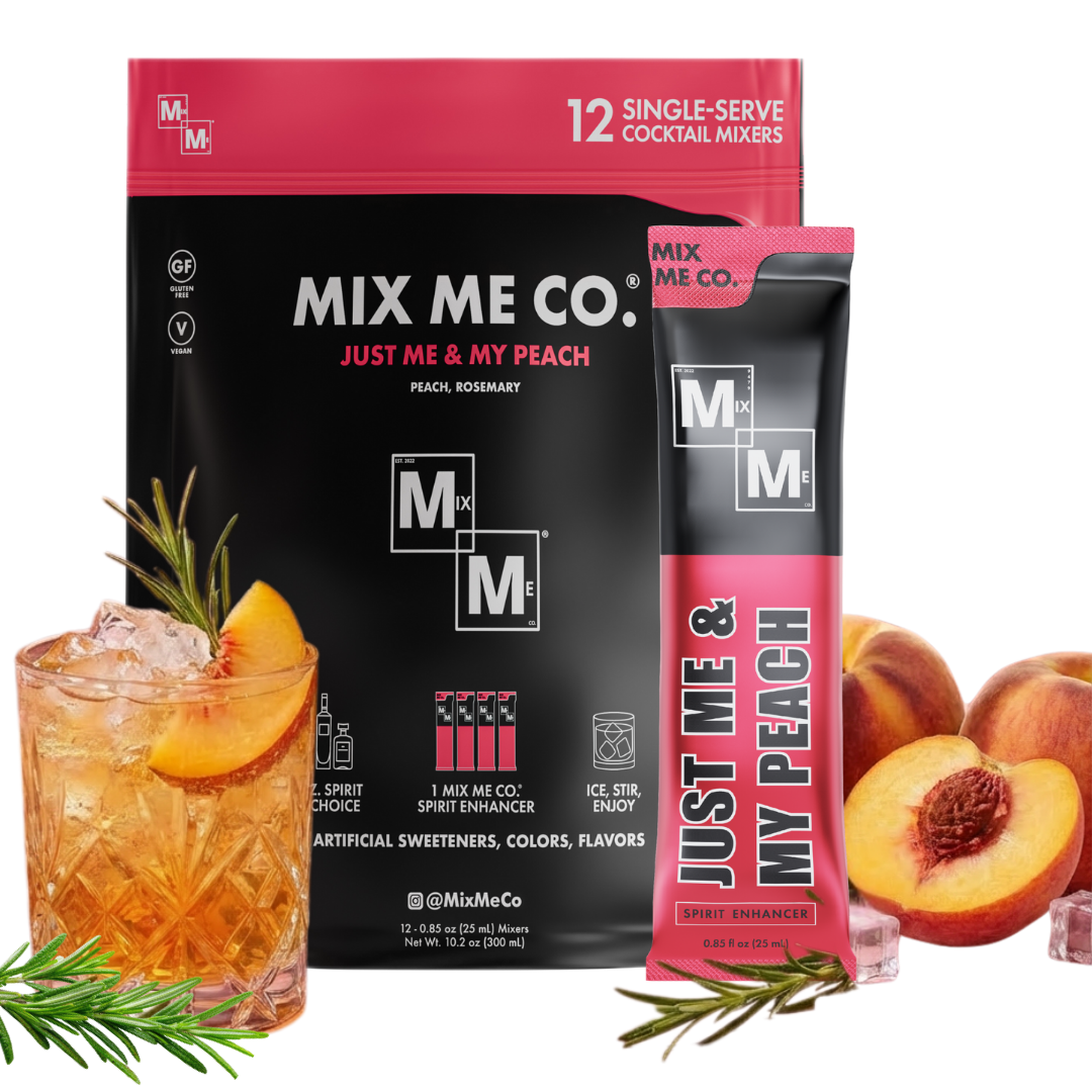 Mix Me Co. Just Me & My Peach cocktail mixers with a cocktail and peaches on a white background