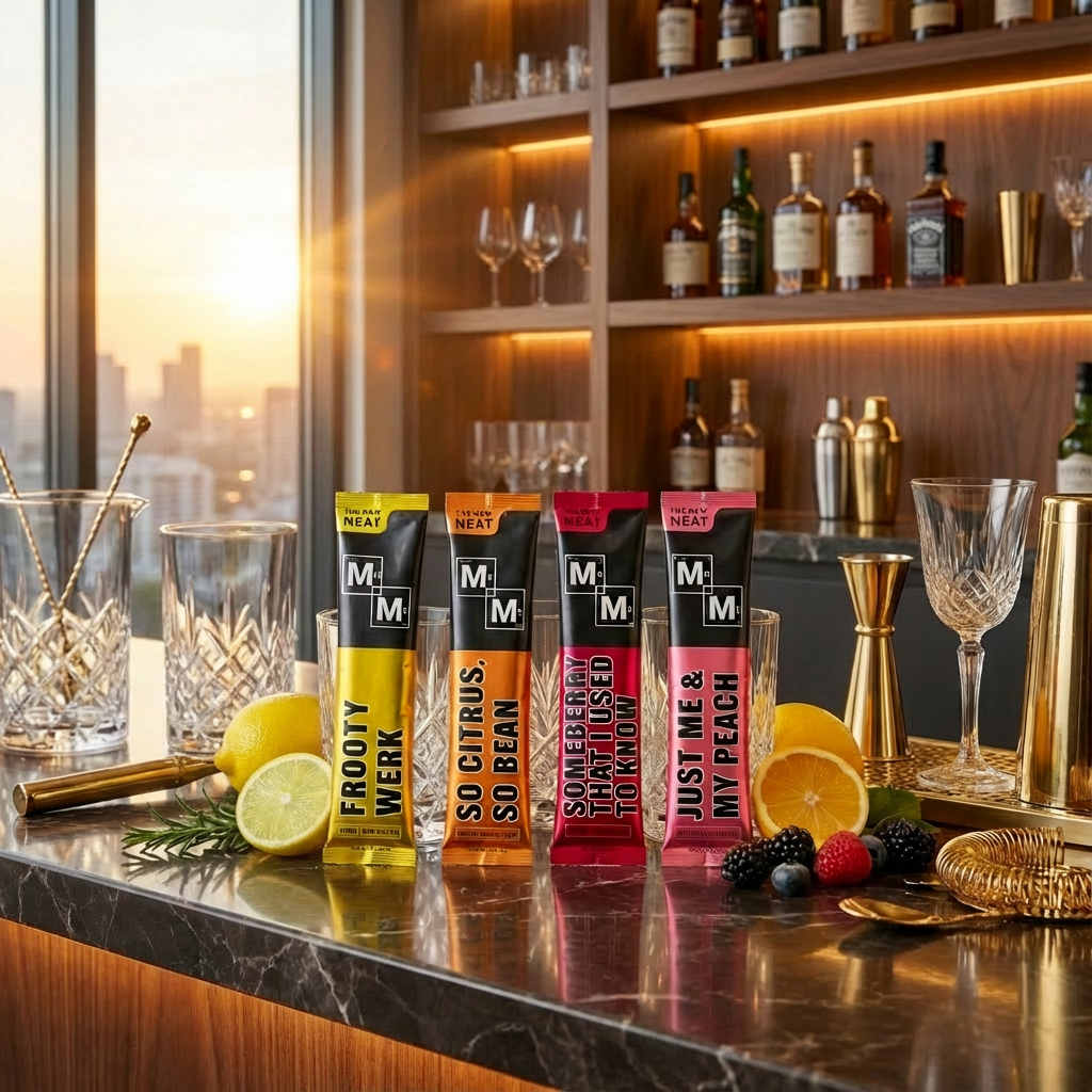 Assorted M&M's hot chocolate packets on a bar counter with a cityscape background